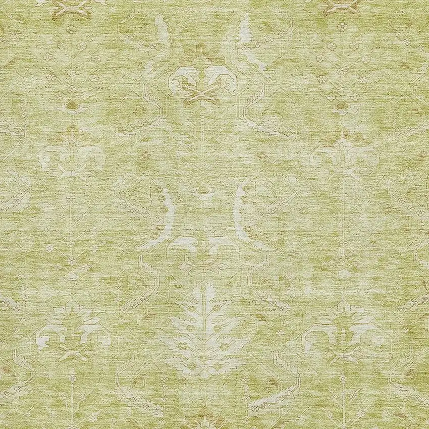 Artichoke Green And Ivory Damask Washable Area Rug With UV Protection Photo 2