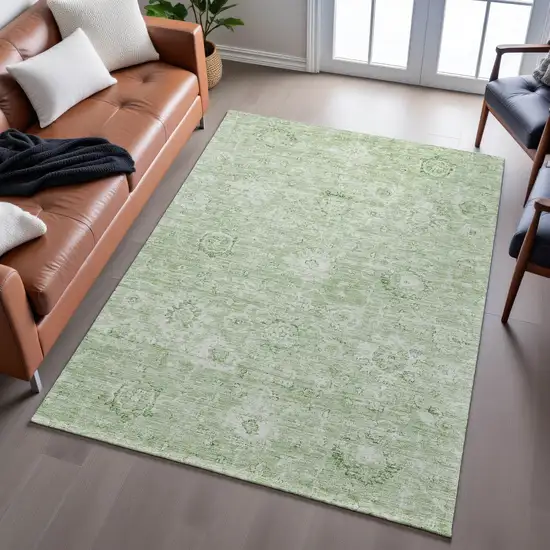 Artichoke Green And Ivory Damask Washable Area Rug With UV Protection Photo 6