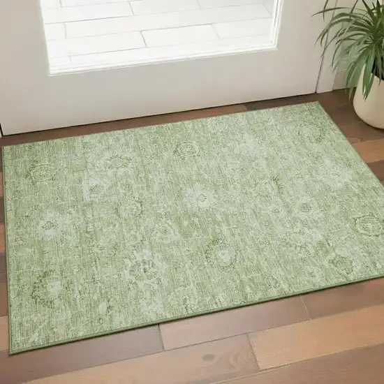 Artichoke Green And Ivory Damask Washable Area Rug With UV Protection Photo 2