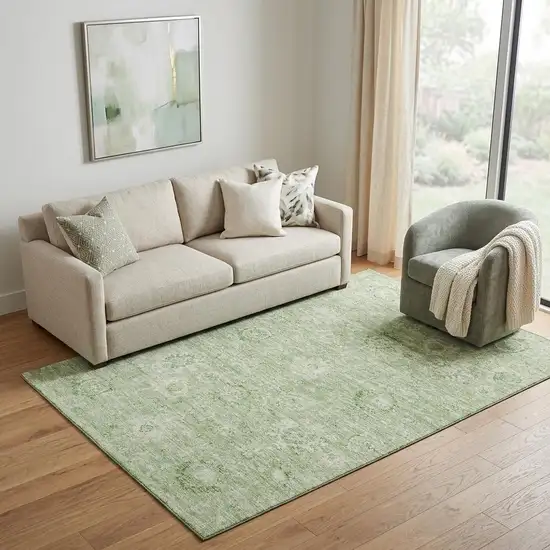 Artichoke Green And Ivory Damask Washable Area Rug With UV Protection Photo 1