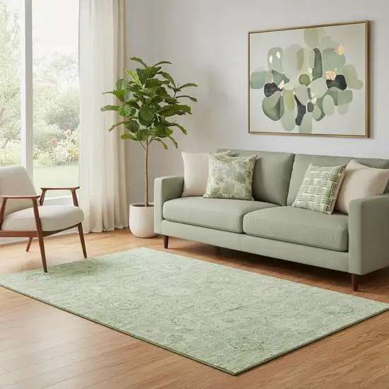 Artichoke Green And Ivory Damask Washable Area Rug With UV Protection Photo 2