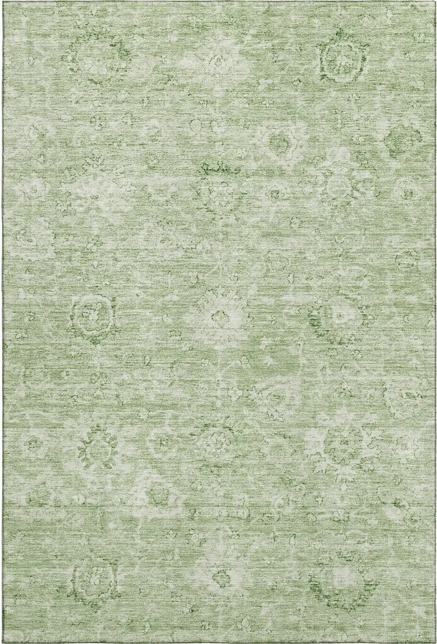 Artichoke Green And Ivory Damask Washable Area Rug With UV Protection Photo 1