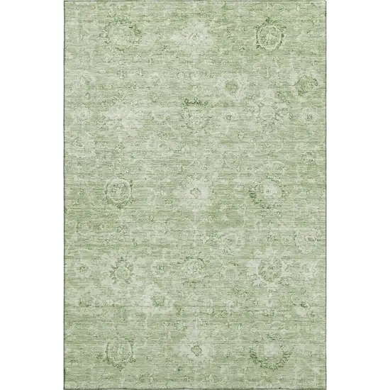 Artichoke Green And Ivory Damask Washable Area Rug With UV Protection Photo 1