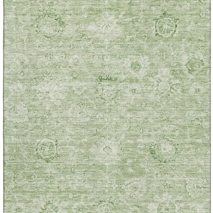 Artichoke Green And Ivory Damask Washable Area Rug With UV Protection Photo 3