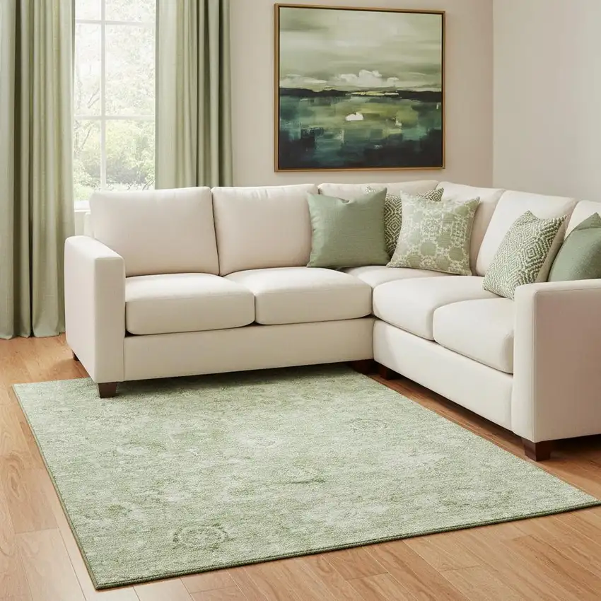 Artichoke Green And Ivory Damask Washable Area Rug With UV Protection Photo 2