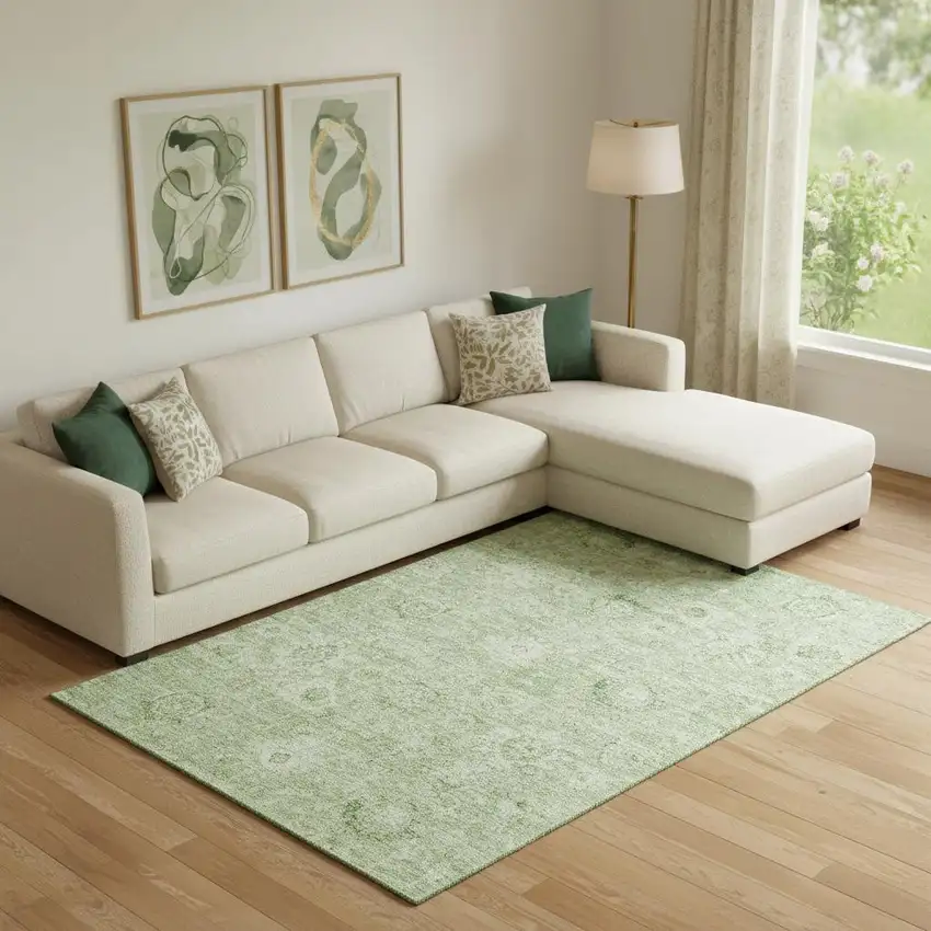 Artichoke Green And Ivory Damask Washable Area Rug With UV Protection Photo 2
