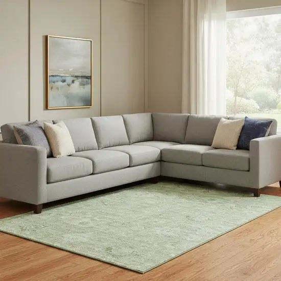 Artichoke Green And Ivory Damask Washable Area Rug With UV Protection Photo 2