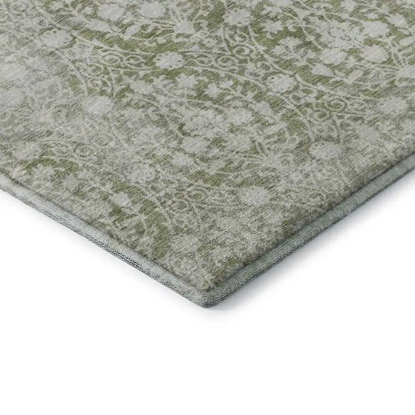 Artichoke Green And Ivory Damask Washable Area Rug With UV Protection Photo 6