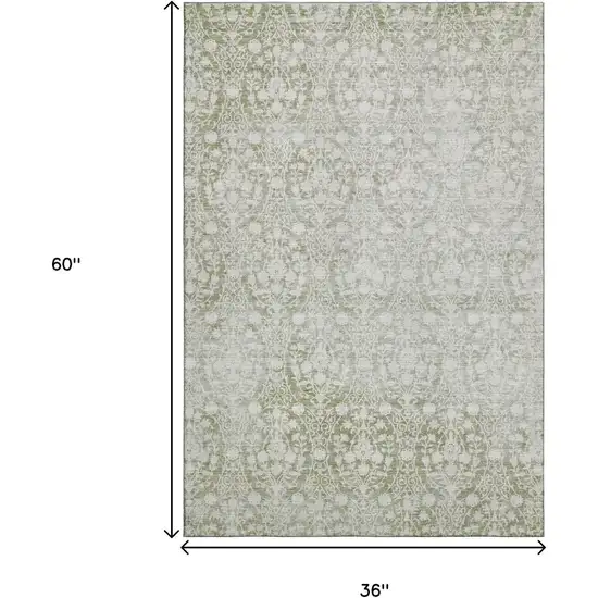 Artichoke Green And Ivory Damask Washable Area Rug With UV Protection Photo 9