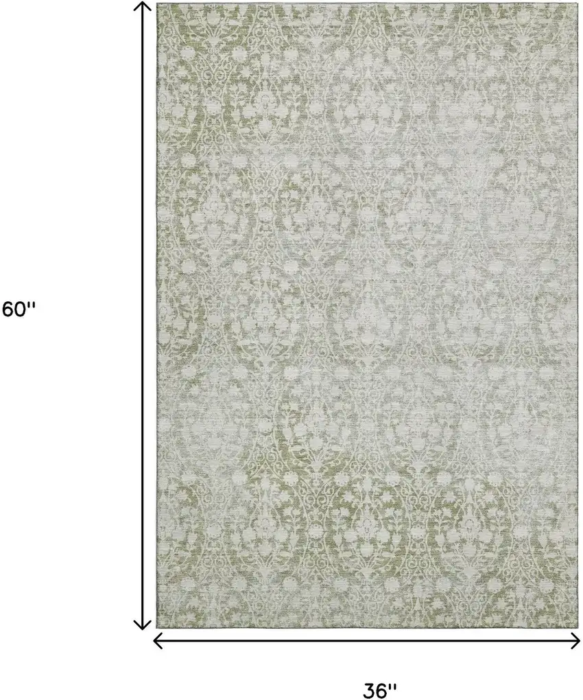 Artichoke Green And Ivory Damask Washable Area Rug With UV Protection Photo 9