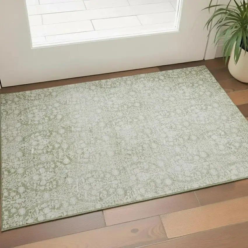 Artichoke Green And Ivory Damask Washable Area Rug With UV Protection Photo 2