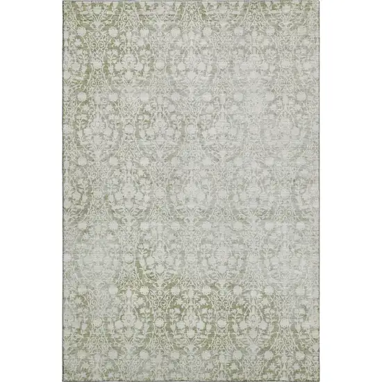 Artichoke Green And Ivory Damask Washable Area Rug With UV Protection Photo 1