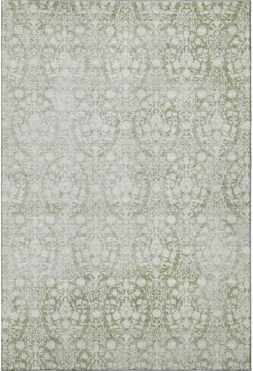 Artichoke Green And Ivory Damask Washable Area Rug With UV Protection Photo 2