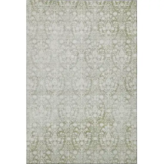 Artichoke Green And Ivory Damask Washable Area Rug With UV Protection Photo 2