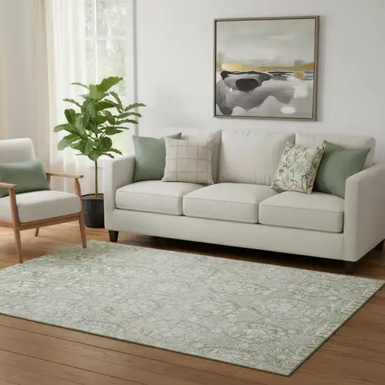 Artichoke Green And Ivory Damask Washable Area Rug With UV Protection Photo 2