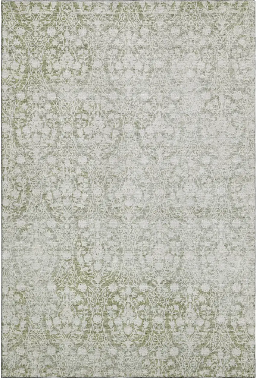 Artichoke Green And Ivory Damask Washable Area Rug With UV Protection Photo 1