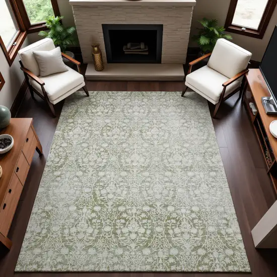 Artichoke Green And Ivory Damask Washable Area Rug With UV Protection Photo 6