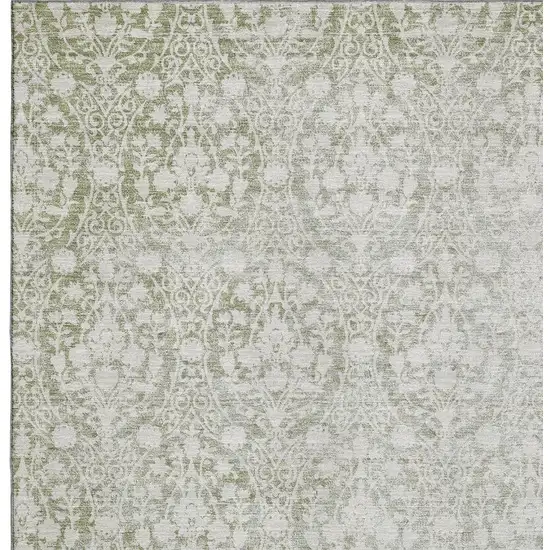 Artichoke Green And Ivory Damask Washable Area Rug With UV Protection Photo 2