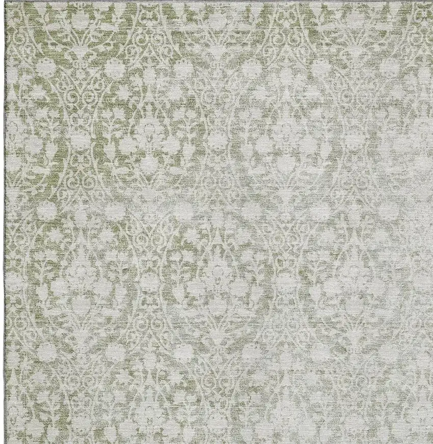 Artichoke Green And Ivory Damask Washable Area Rug With UV Protection Photo 2