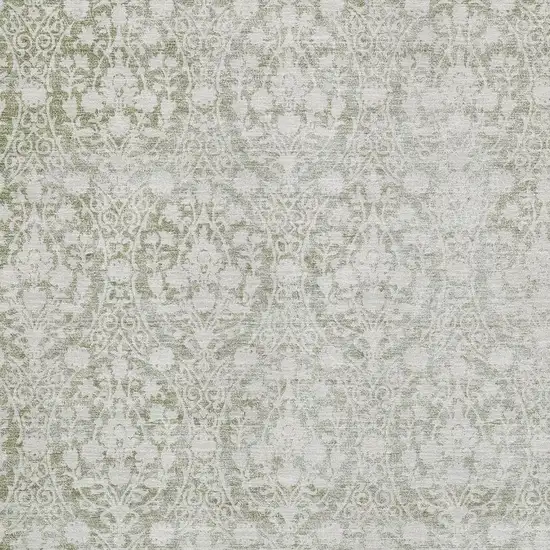 Artichoke Green And Ivory Damask Washable Area Rug With UV Protection Photo 2