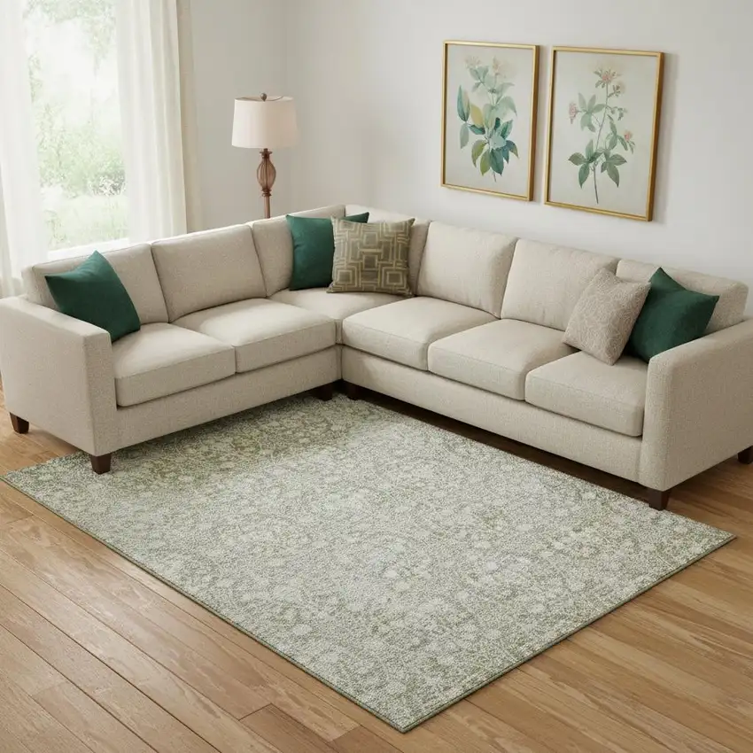 Artichoke Green And Ivory Damask Washable Area Rug With UV Protection Photo 2