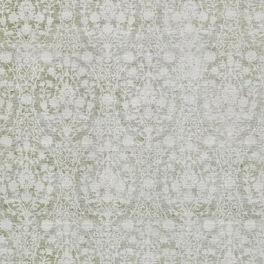 Artichoke Green And Ivory Damask Washable Area Rug With UV Protection Photo 2