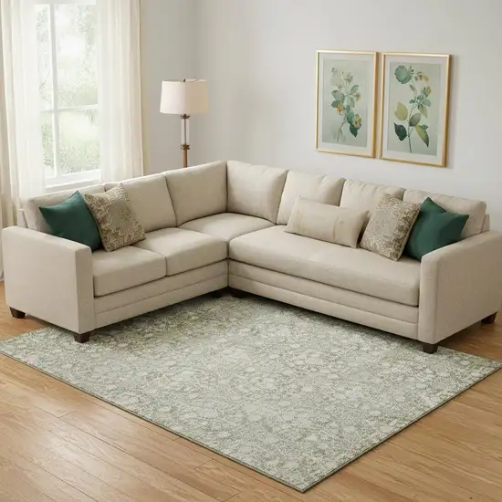 Artichoke Green And Ivory Damask Washable Area Rug With UV Protection Photo 2