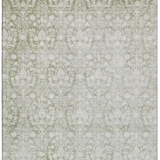 Artichoke Green And Ivory Damask Washable Area Rug With UV Protection Photo 3
