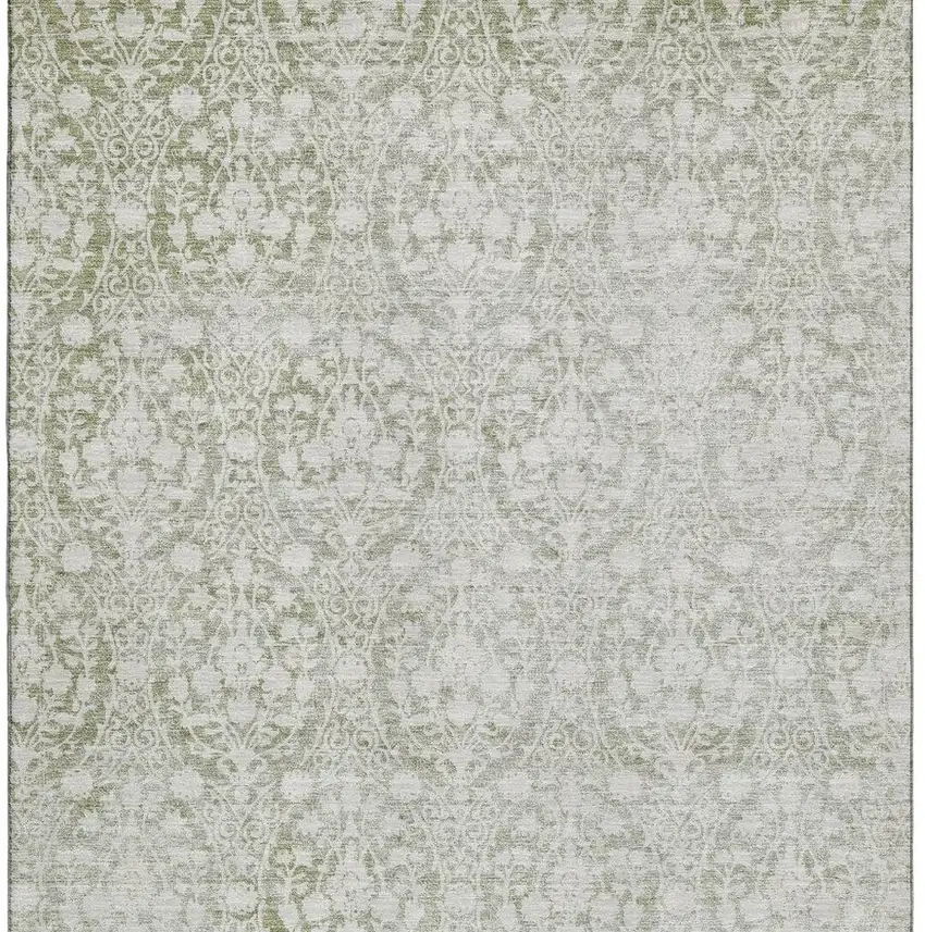 Artichoke Green And Ivory Damask Washable Area Rug With UV Protection Photo 3