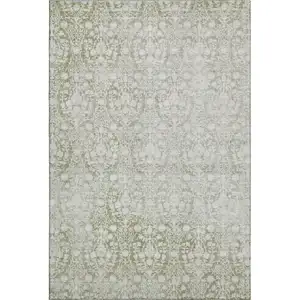Photo of Artichoke Green And Ivory Damask Washable Area Rug With UV Protection
