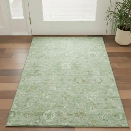 Artichoke Green And Ivory Damask Washable Area Rug With UV Protection Photo 2
