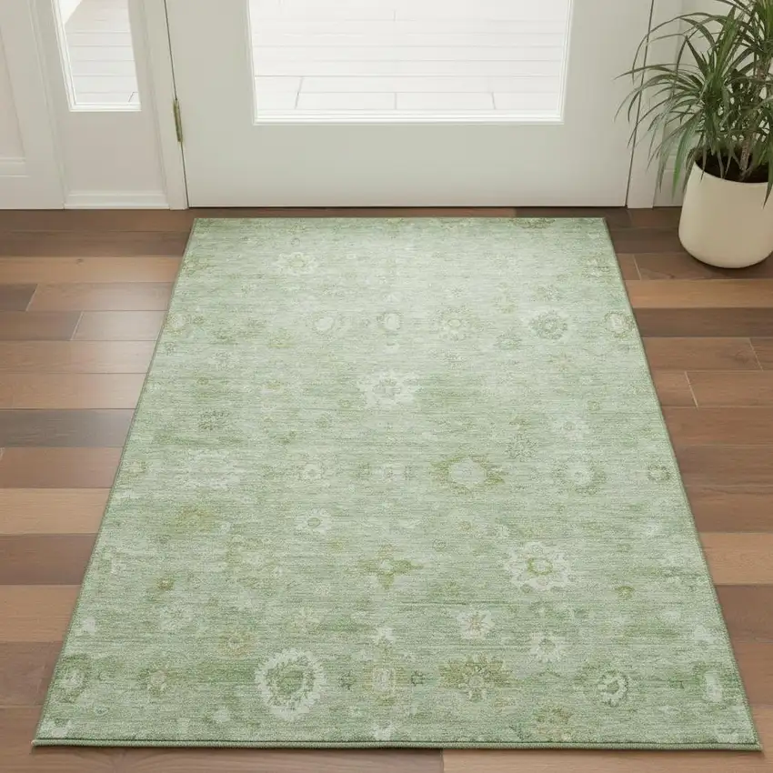 Artichoke Green And Ivory Damask Washable Area Rug With UV Protection Photo 2