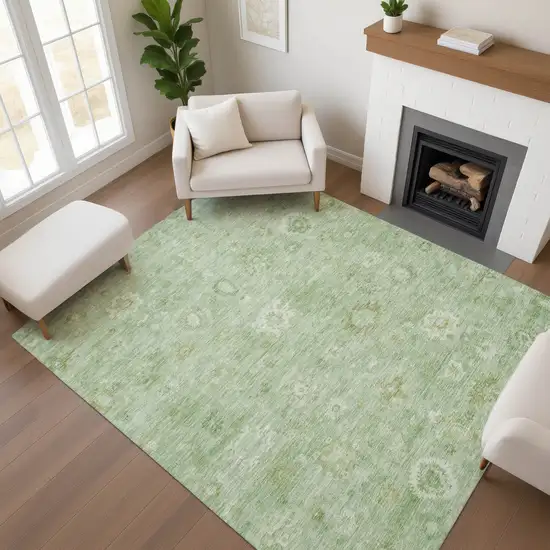 Artichoke Green And Ivory Damask Washable Area Rug With UV Protection Photo 4