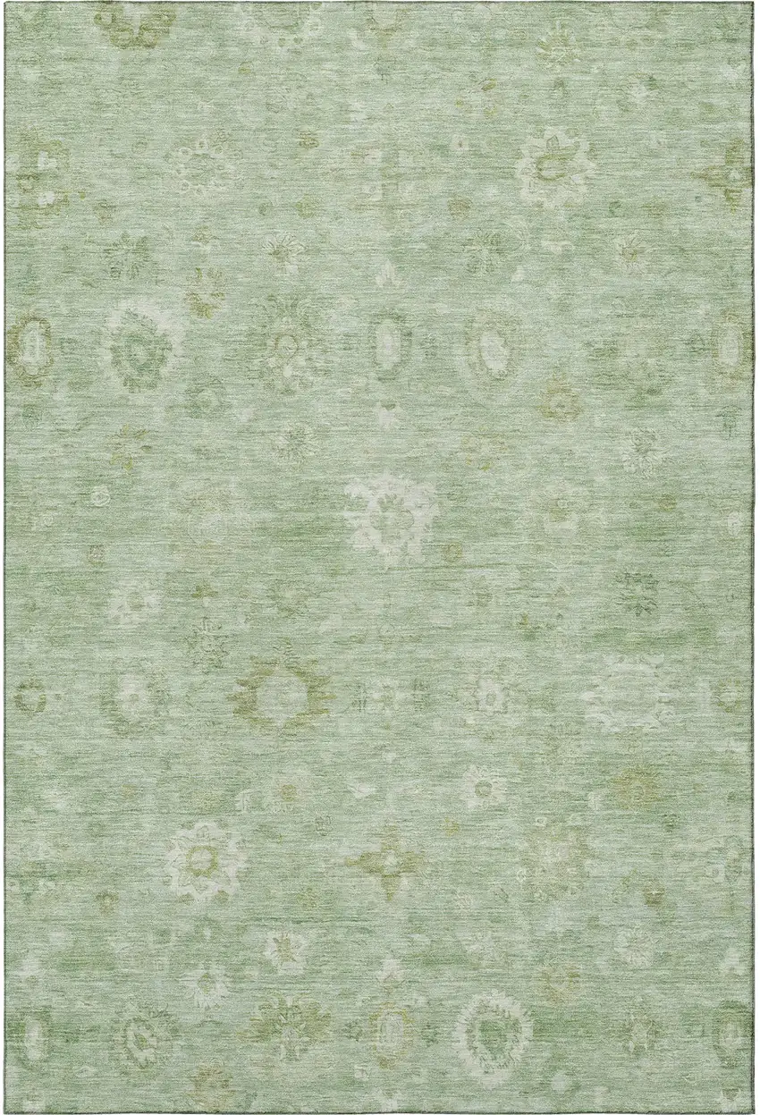 Artichoke Green And Ivory Damask Washable Area Rug With UV Protection Photo 3
