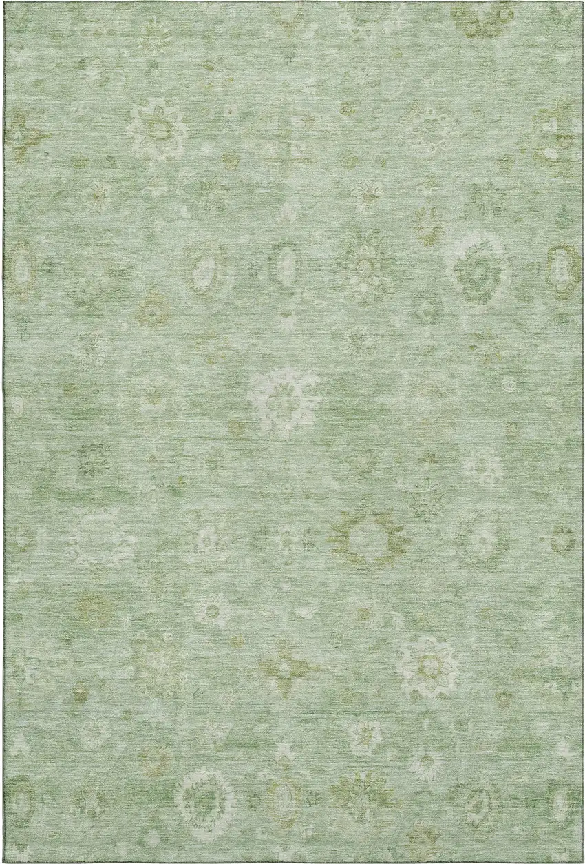 Artichoke Green And Ivory Damask Washable Area Rug With UV Protection Photo 1