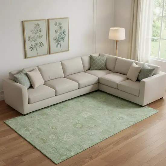 Artichoke Green And Ivory Damask Washable Area Rug With UV Protection Photo 1