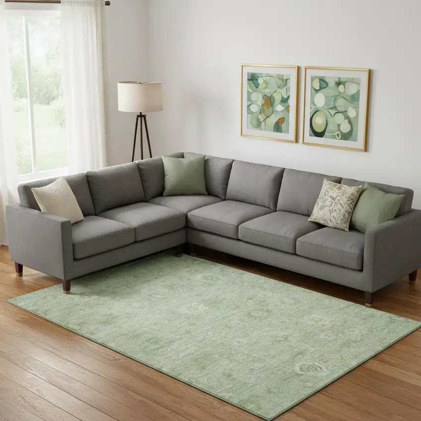 Artichoke Green And Ivory Damask Washable Area Rug With UV Protection Photo 2