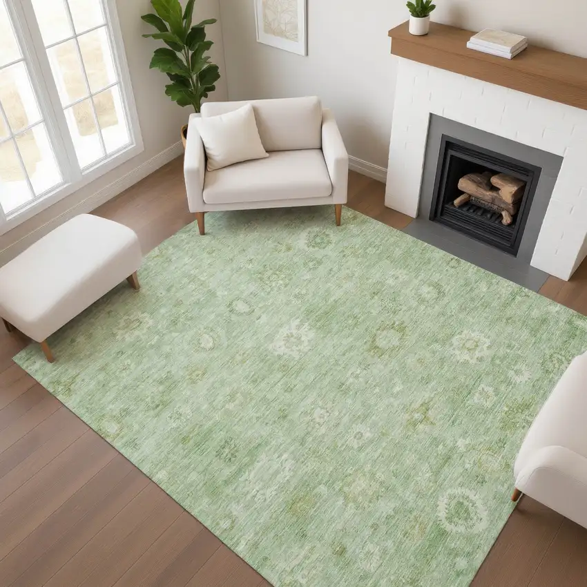 Artichoke Green And Ivory Damask Washable Area Rug With UV Protection Photo 4