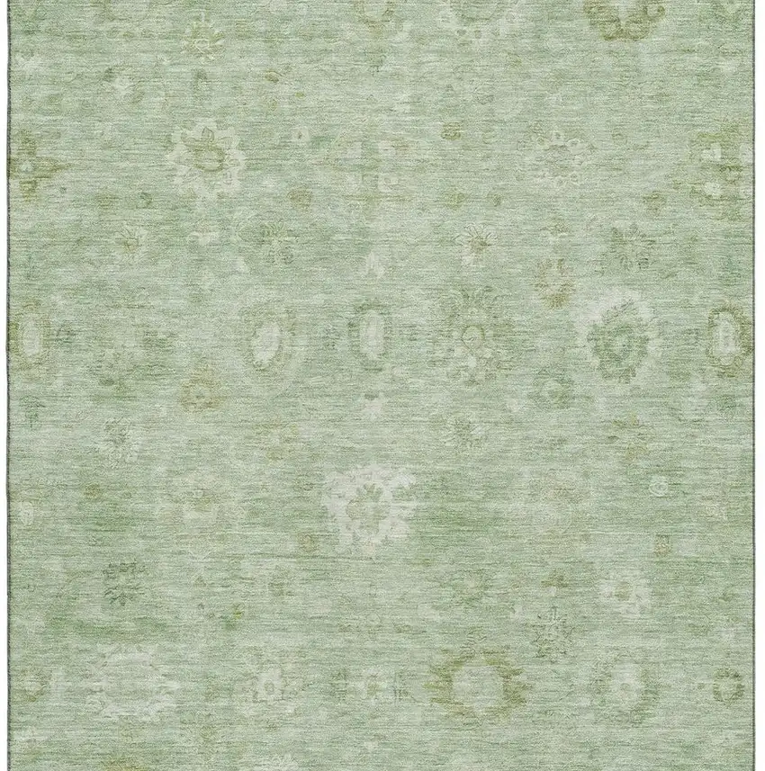 Artichoke Green And Ivory Damask Washable Area Rug With UV Protection Photo 2