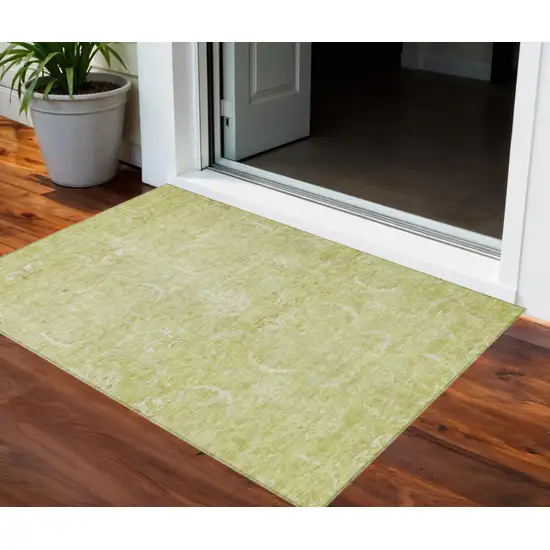 Artichoke Green And Ivory Damask Washable Indoor Outdoor Area Rug Photo 1