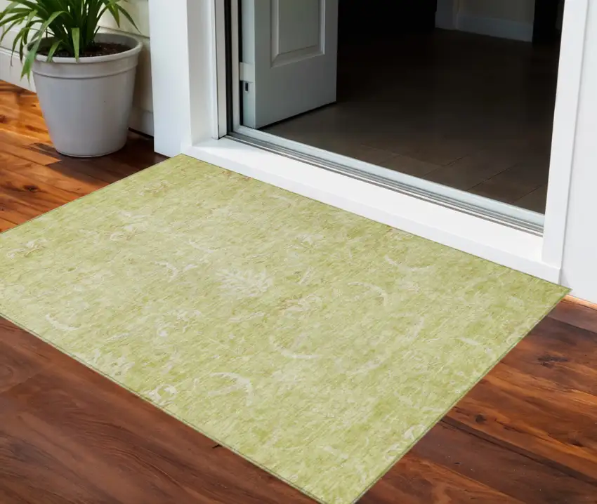 Artichoke Green And Ivory Damask Washable Indoor Outdoor Area Rug Photo 1