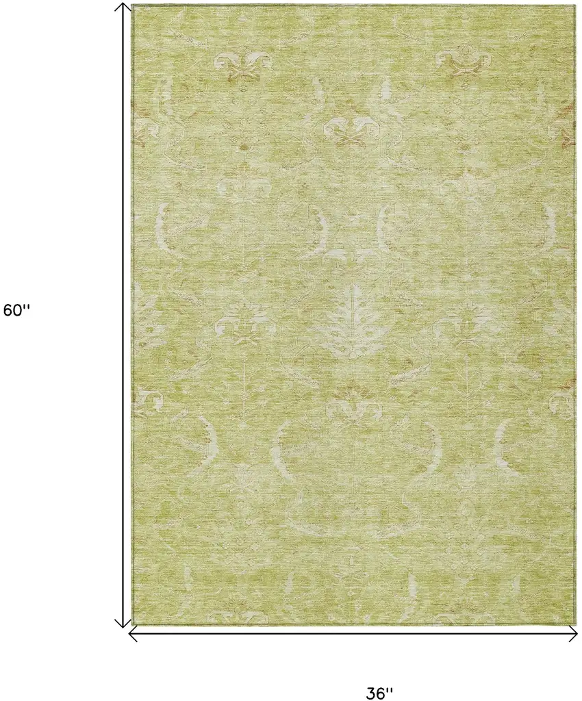 Artichoke Green And Ivory Damask Washable Indoor Outdoor Area Rug Photo 6