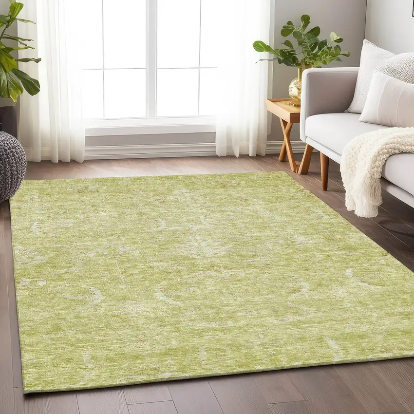 Artichoke Green And Ivory Damask Washable Indoor Outdoor Area Rug Photo 7