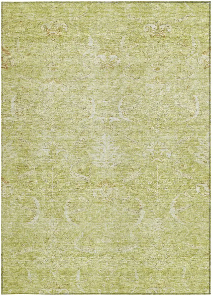 Artichoke Green And Ivory Damask Washable Indoor Outdoor Area Rug Photo 5