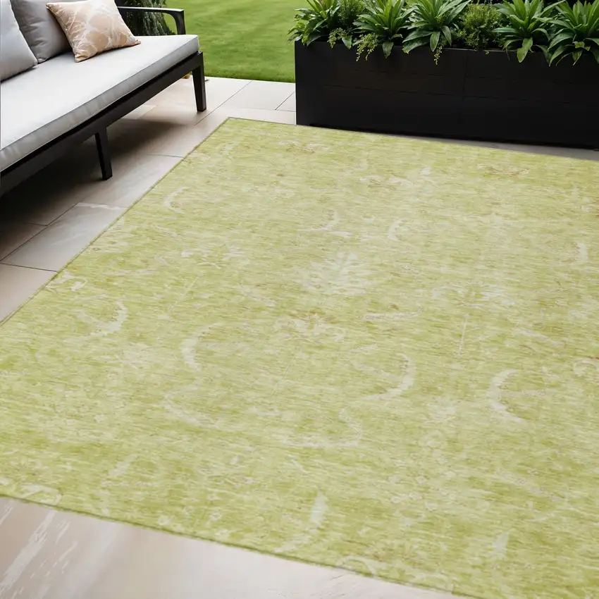 Artichoke Green And Ivory Damask Washable Indoor Outdoor Area Rug Photo 1