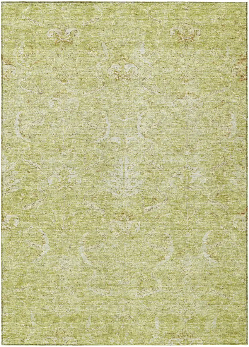 Artichoke Green And Ivory Damask Washable Indoor Outdoor Area Rug Photo 2