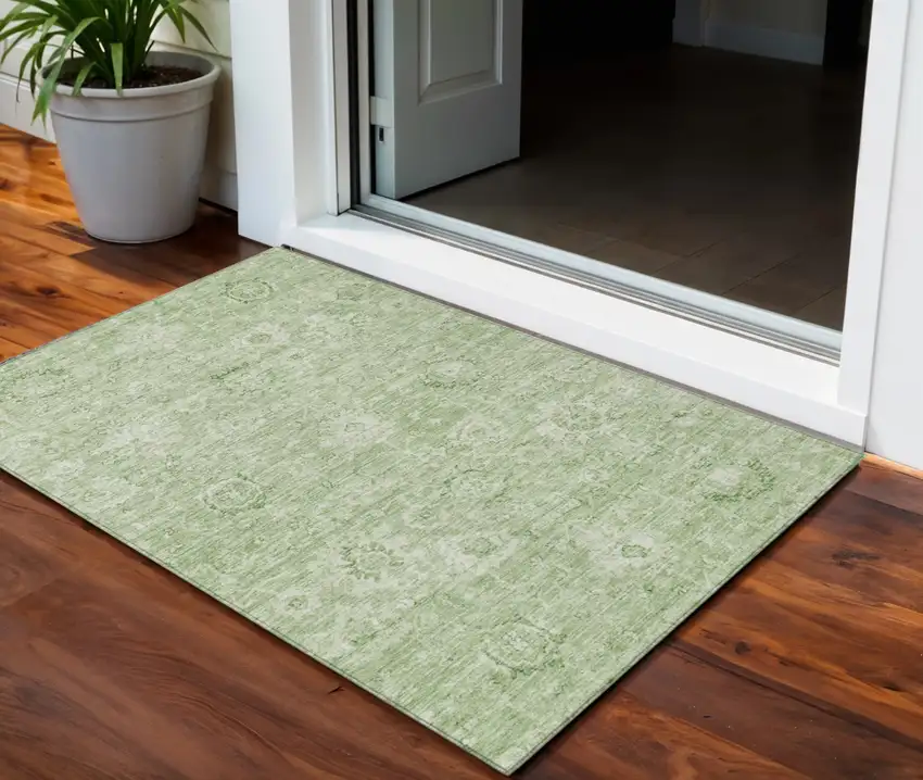 Artichoke Green And Ivory Damask Washable Indoor Outdoor Area Rug Photo 1