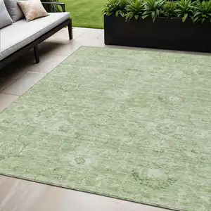 Photo of Artichoke Green And Ivory Damask Washable Indoor Outdoor Area Rug