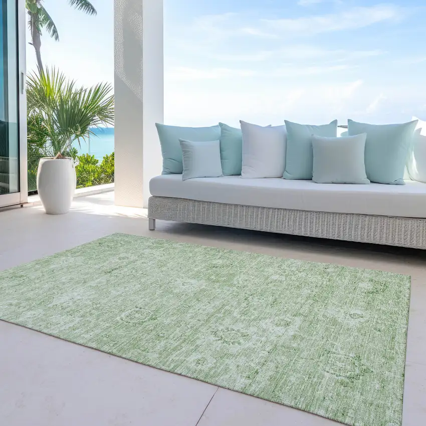 Artichoke Green And Ivory Damask Washable Indoor Outdoor Area Rug Photo 7