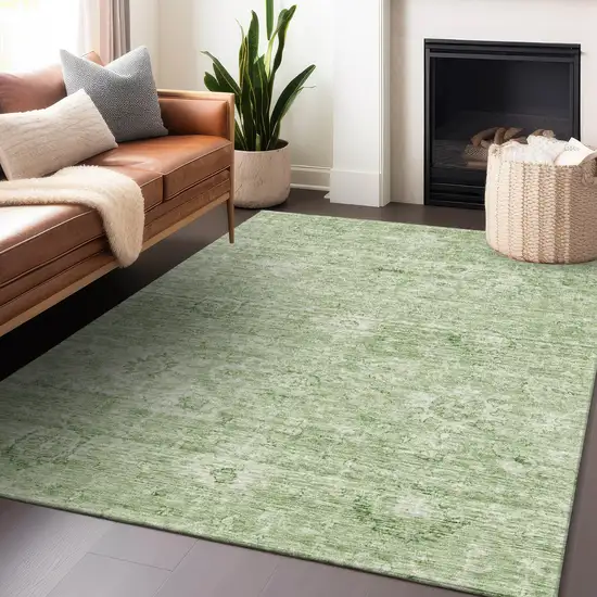 Artichoke Green And Ivory Damask Washable Indoor Outdoor Area Rug Photo 8